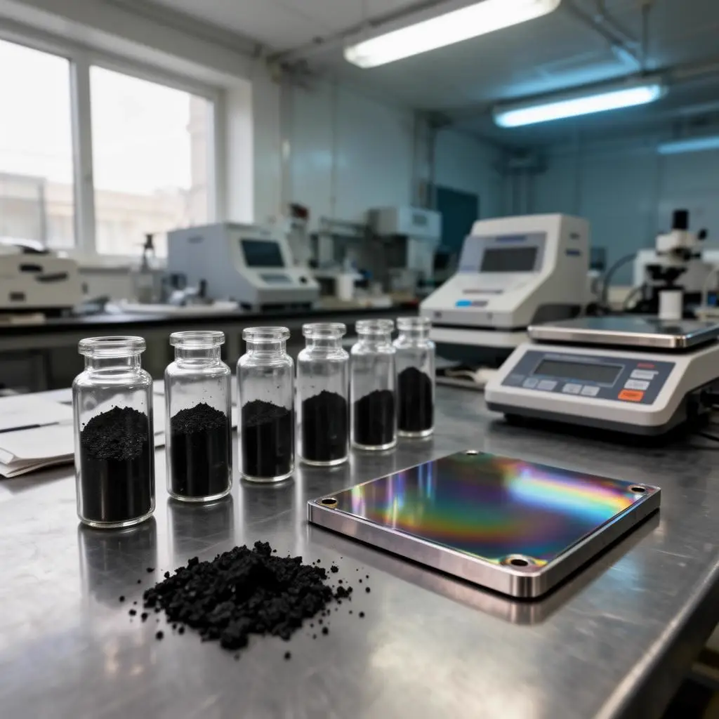 SPI Industries materials foundry — scientist inspecting graphene powder